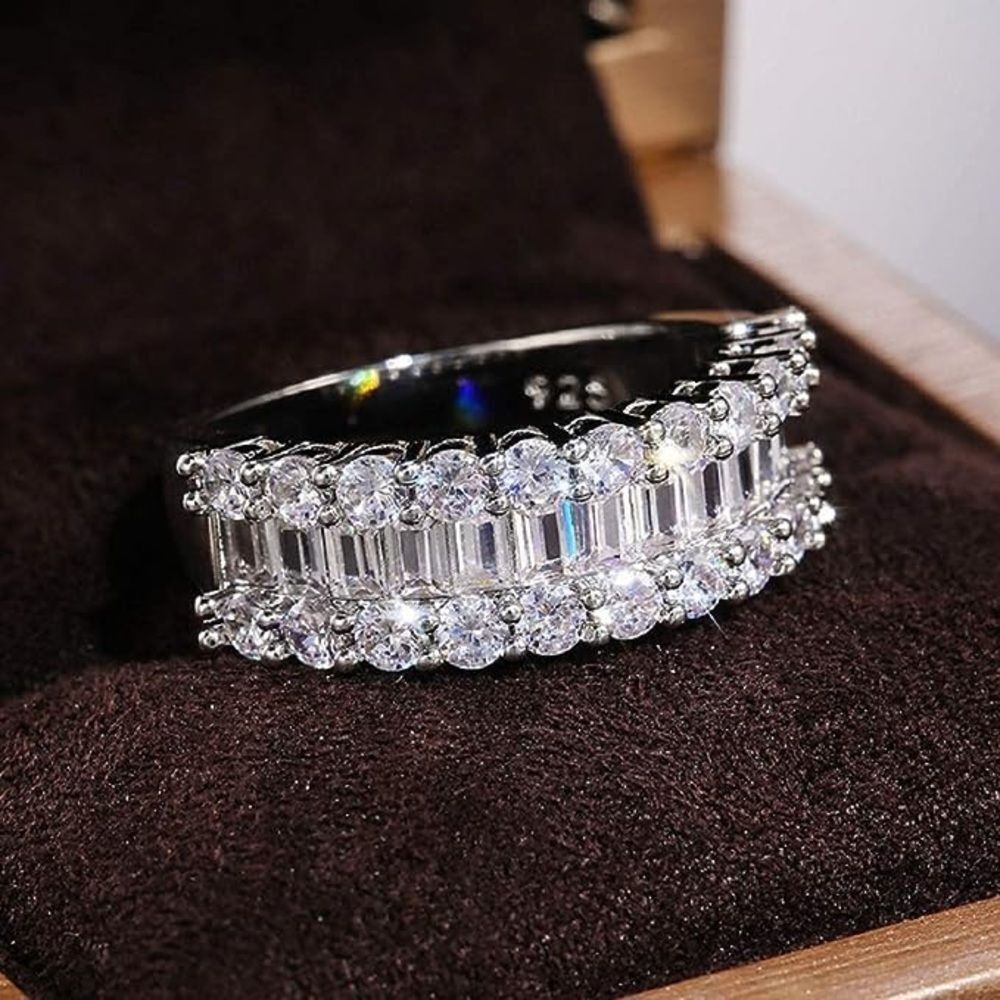 💎Stunning Sz 8  Antique Style Sterling Silver Round Baguette Cut Cz Diamond Band